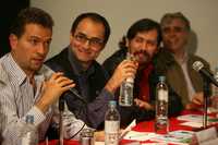 Antonio Helguera, José Hernández, Armando Casas y Rafael Barajas, El Fisgón durante la presentación –en el Museo del Estanquillo– del libro Pantalla de cartón, de Hernández, publicado por el Centro Universitario de Estudios Cinematográficos, como parte de los festejos por los 45 años de la institución